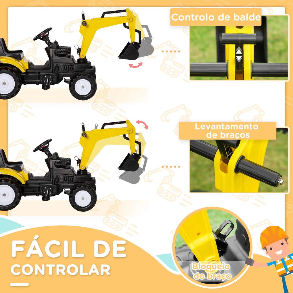 Trator a Pedais para Crianças Escavadora para Crianças com Pá Dianteira e Buzina Trator Infantil 107x42x71 cm Amarelo