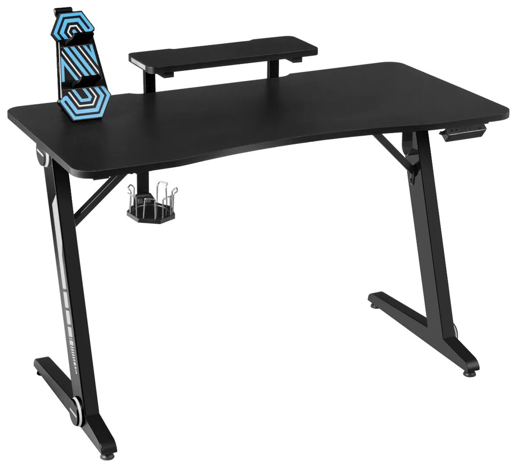 Secretaria Mesa Gaming com suporte de monitor Mesa de jogos com luzes RGB com suporte de tampão de vidro Gancho 120 x 60 x 87,2 cm Preto