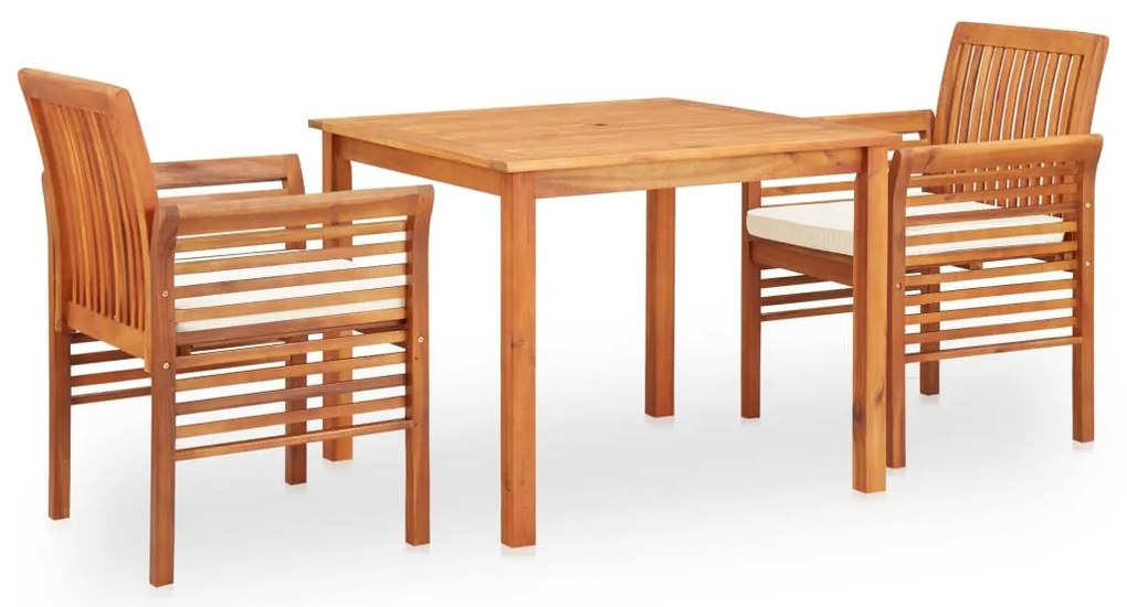 3 pcs conjunto de jantar exterior c/ almofadões acácia maciça