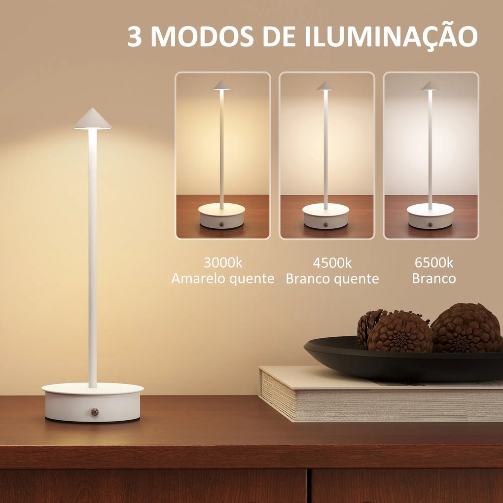 Conjunto de 2 Candeeiros de Mesa Recarregáveis por USB Reguláveis com Controlo Táctil 3000K/4500K/6500K Ø10x30 cm Branco