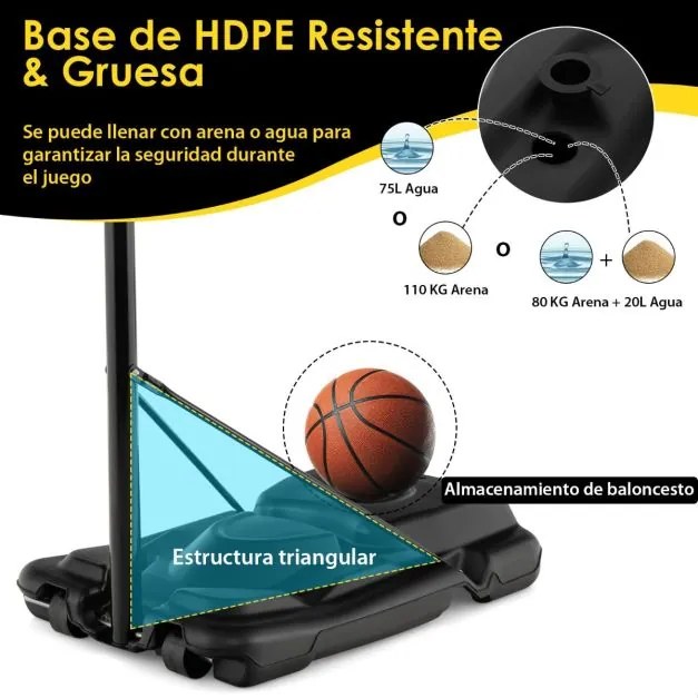 Cesto de basquetebol exterior com altura ajustável em 12 níveis, portátil e móvel com rodas, 2 redes e base recarregável, 130-305 cm, preto