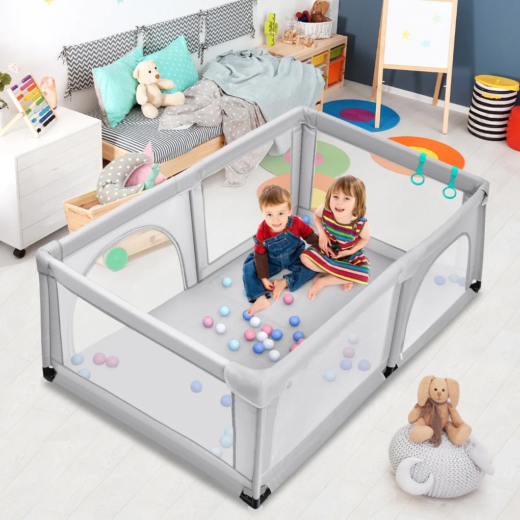 Parque infantil Centro de atividades portátil e seguro para crianças com cerca de malha respirável e fecho 120 x 190 x 69 cm cinza claro