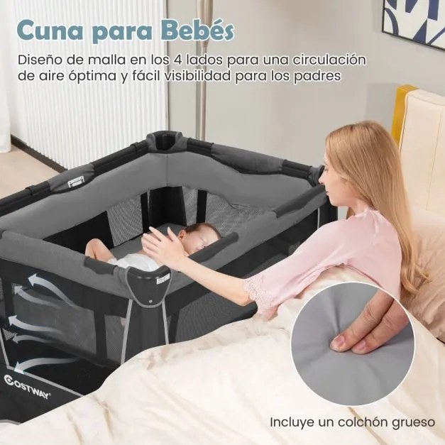 Berço dobrável 5 em 1 com berço removível 103 x 74 x 73 cm, trocador e bolsa de transporte com rodas Centro de cuidados portátil cinza
