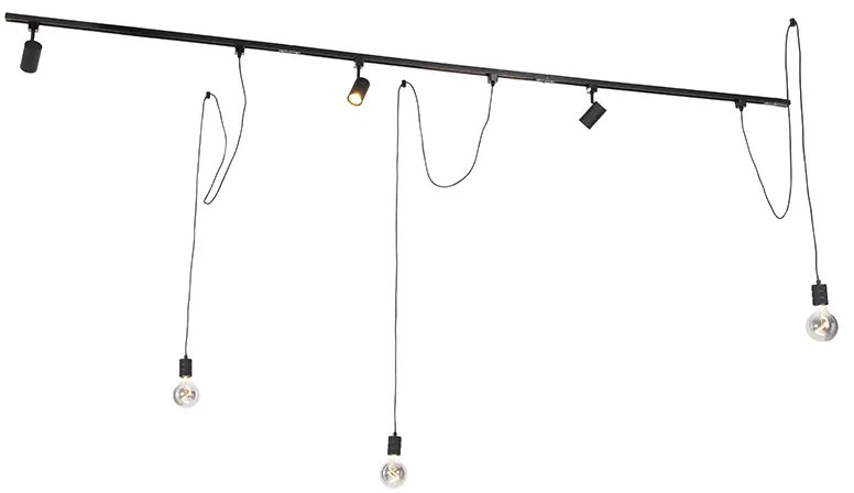 Sistema de iluminação de trilho moderno com 3 focos e 3 luzes pendentes preto 1 fase - Iconic Cavalux Jeana
