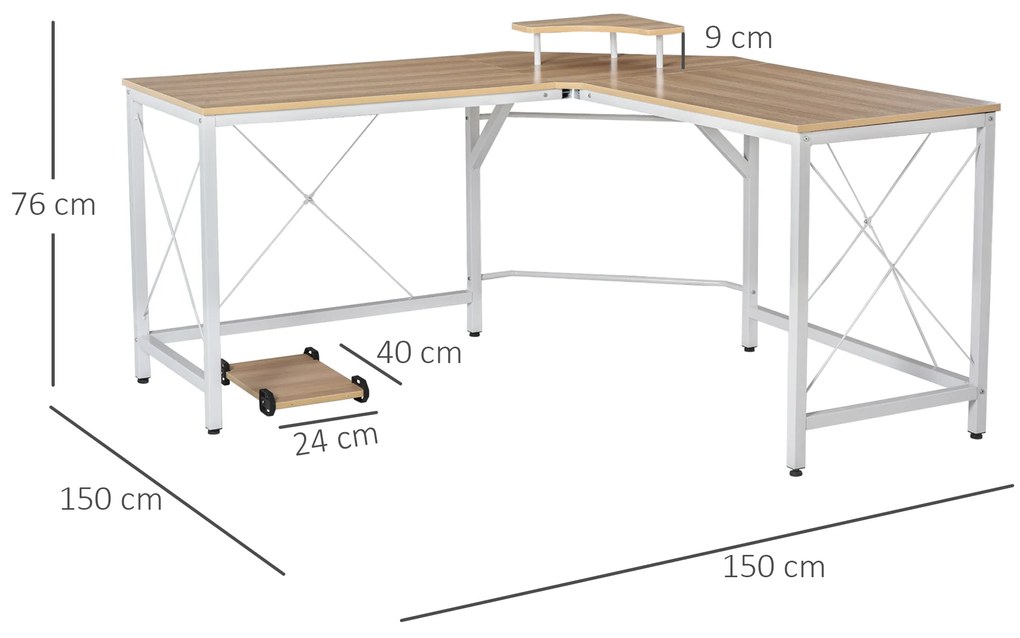 Mesa para computador em forma de L com suporte para torre 150x150x76 cm