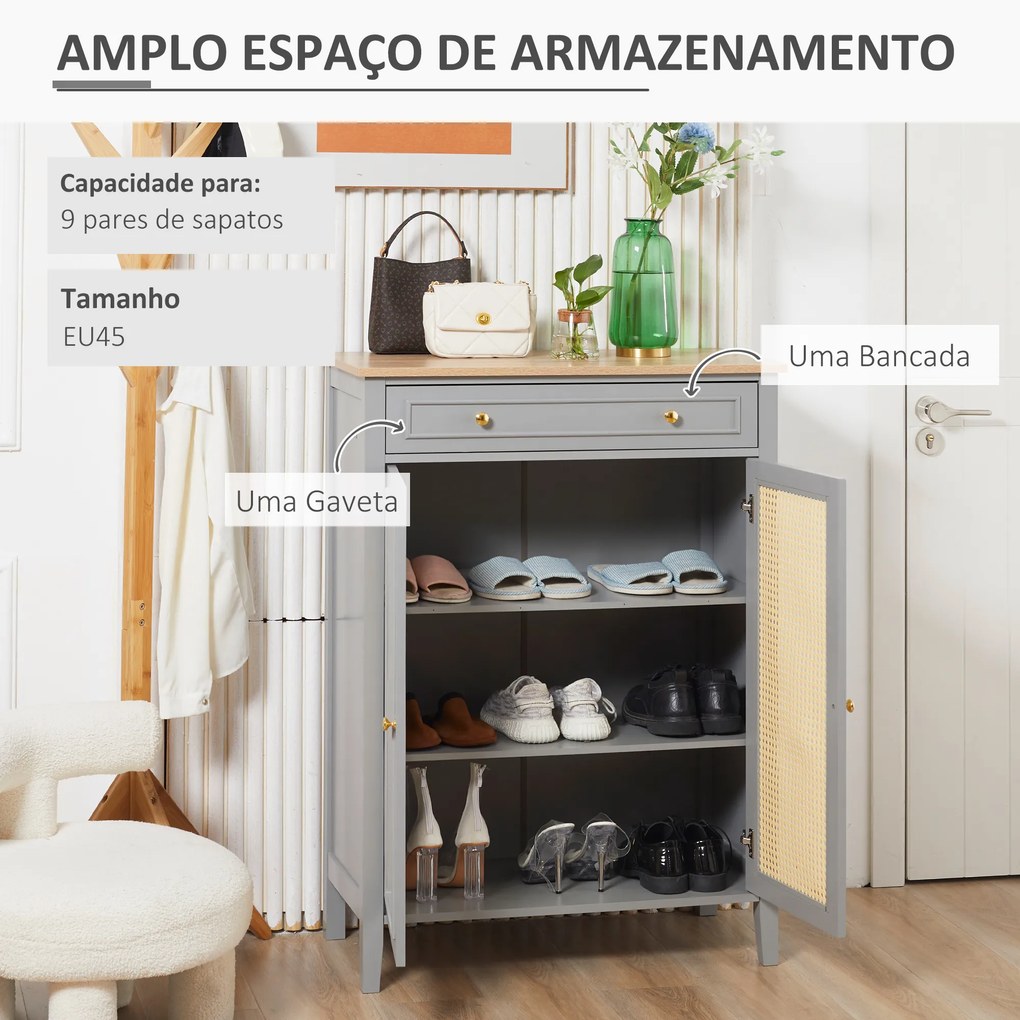 HOMCOM Sapateira para 9 Pares de Sapatos Armário para Sapatos com 2 Portas de Vime e Gaveta Estilo Cannage para Corredor Entrada 80x40x110cm Cinza
