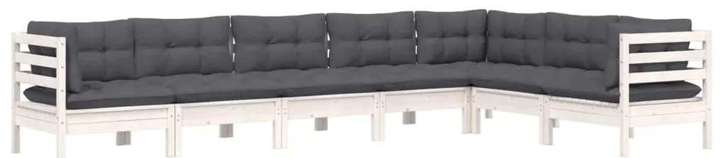 7 pcs conj. lounge de jardim c/ almofadões pinho maciço branco