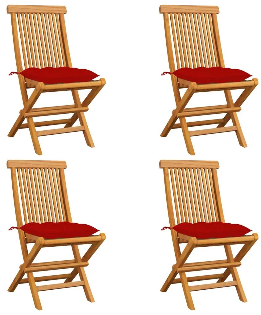 3062589 vidaXL Cadeiras de jardim c/ almofadões vermelhos 4 pcs teca maciça