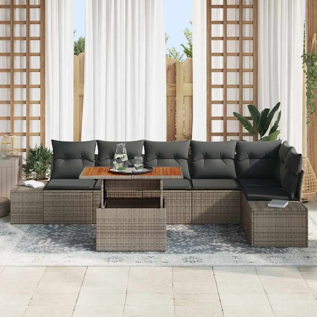 Conjunto de Jantar de Jardim de 7 Peças com Almofadas Cinzas em Rattan