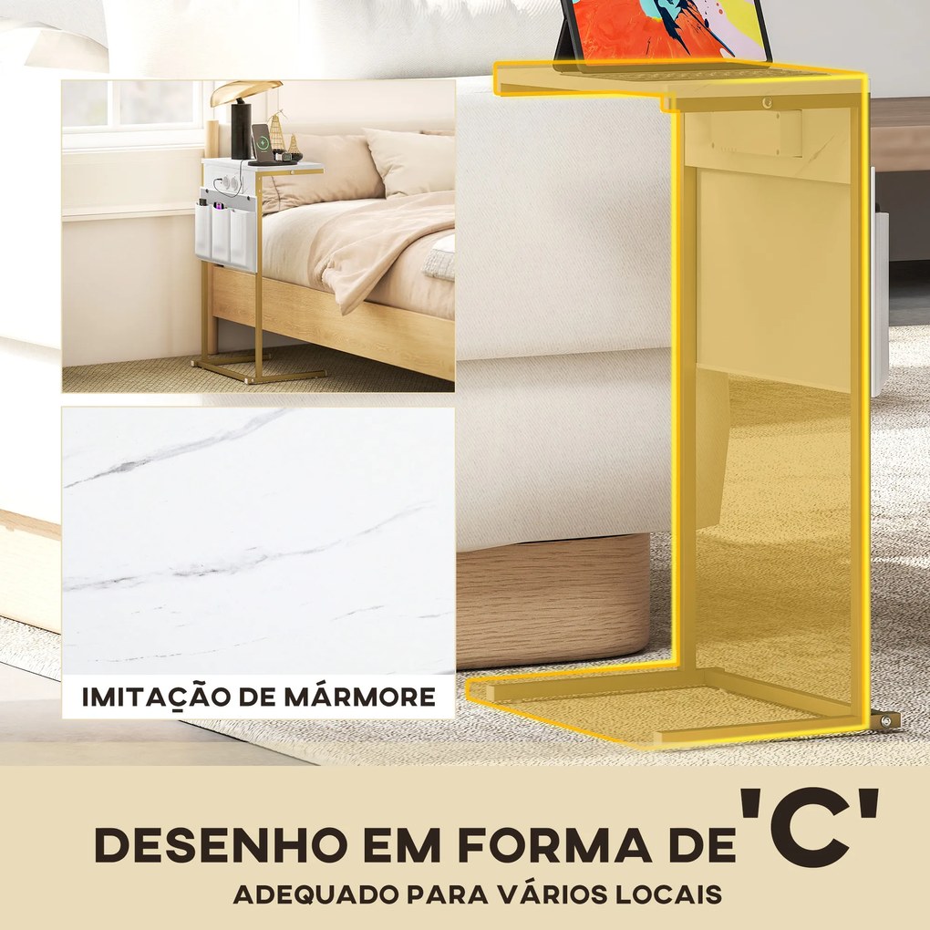 Mesa Auxiliar com Estação de Carga Mesa Lateral com 2 Entradas USB 1 Entrada USB-C e Bolsa Organizadora 25,5x40x71 cm Branco