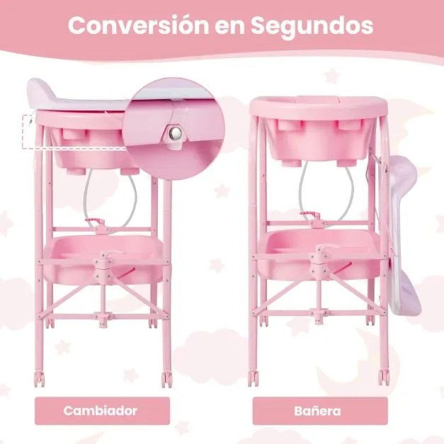 Troca-fraldas com banheira, portátil e dobrável, almofada em PVC, bandeja de armazenamento com 4 rodas universais Rosa