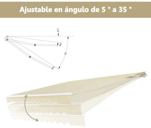 Toldo retrátil 3,6 x 3 m em alumínio com manivela e poliéster impermeável para exterior para janela, varanda ou terraço Bege