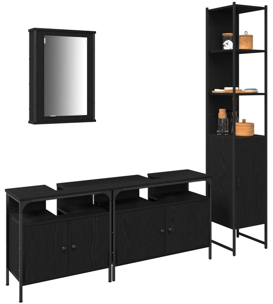 Conjunto de Móveis para Banheiro de 4 Peças Carvalho Preto Madeira Eng