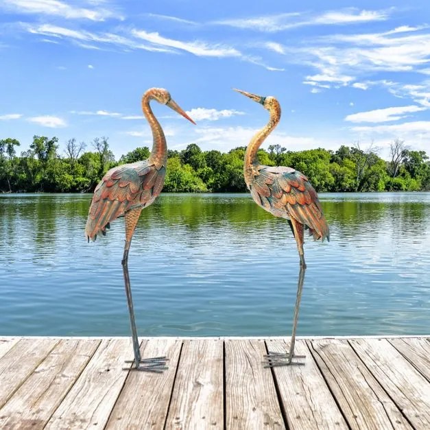 Conjunto de 2 estátuas de jardim de grous metálicos para decoração ao ar livre