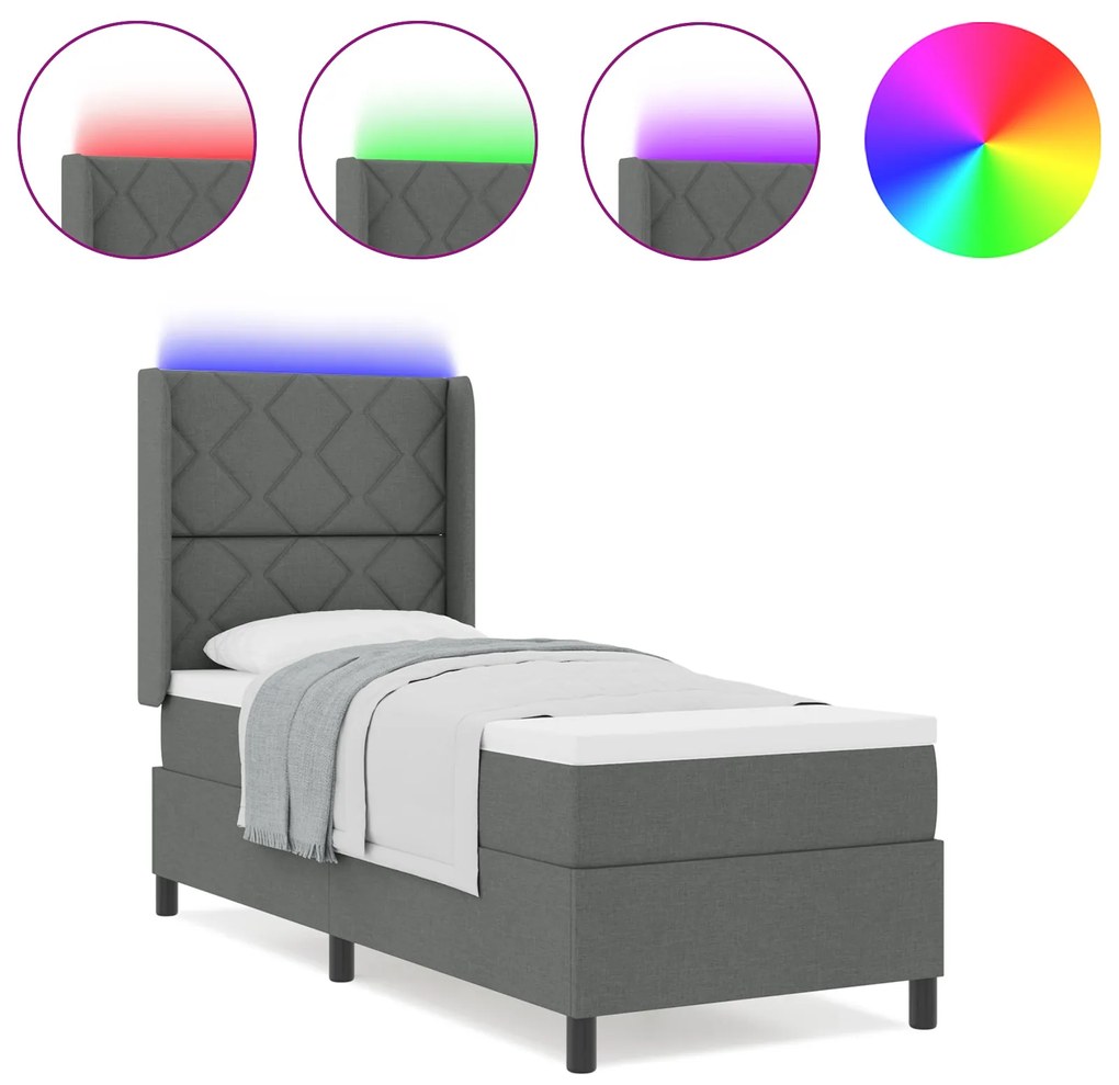 Cama Box Spring vidaXL com Colchão e LED Cinza Escuro 90x190 cm Tecido