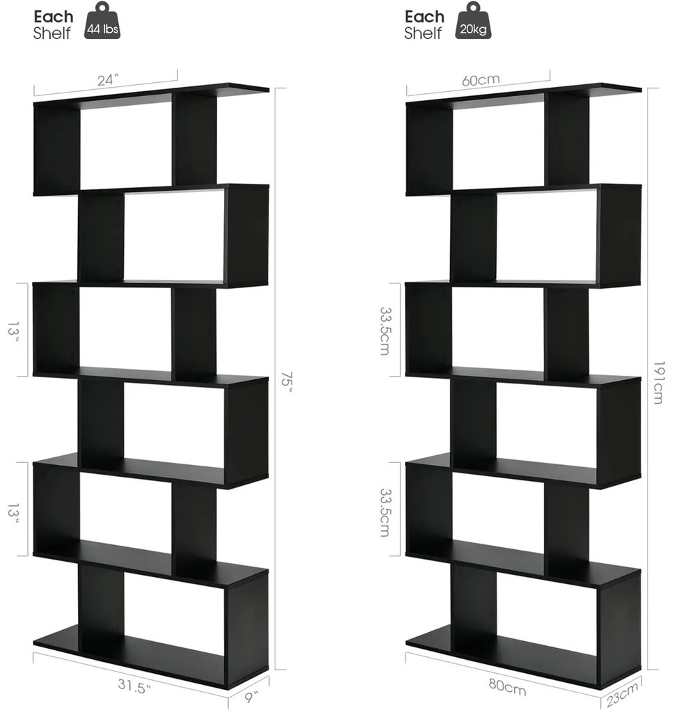 Estante de 6 níveis separadora de ambientes para escritório ou sala 80 x 23 x 191 cm Preto