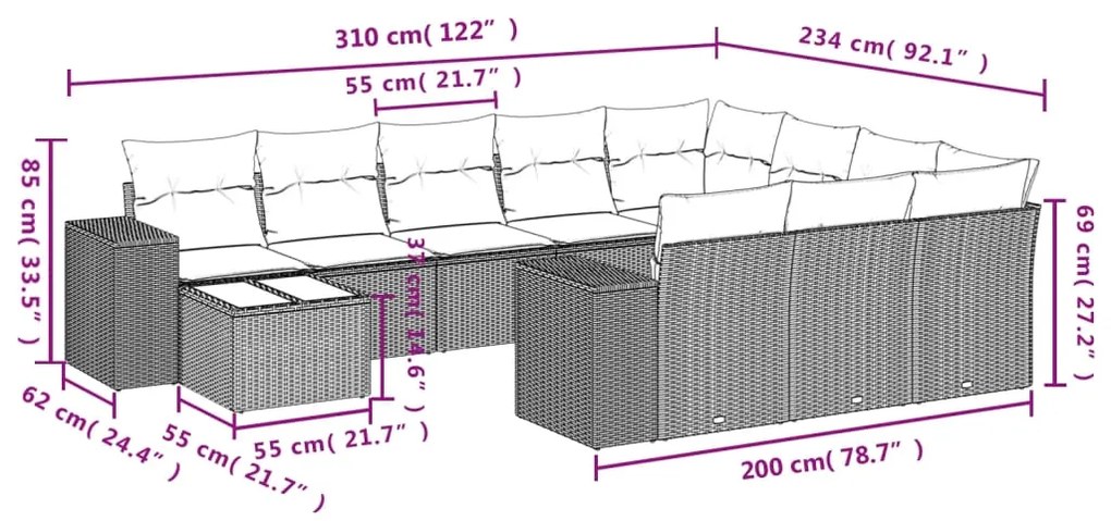 11 pcs conjunto sofás de jardim c/ almofadões vime PE castanho