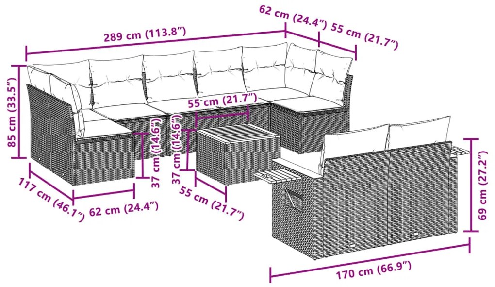 10 pcs conjunto sofás p/ jardim c/ almofadões vime PE cinzento