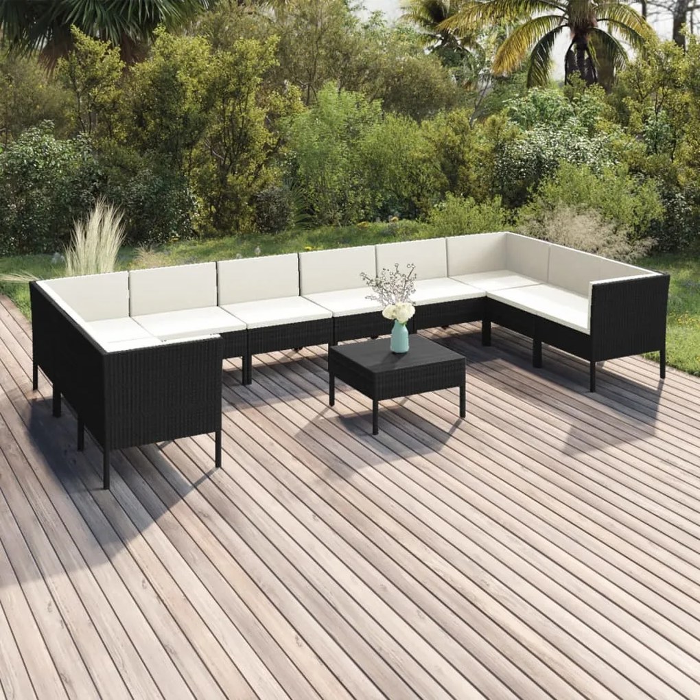vidaXL 11 pcs conjunto lounge de jardim c/ almofadões vime PE preto