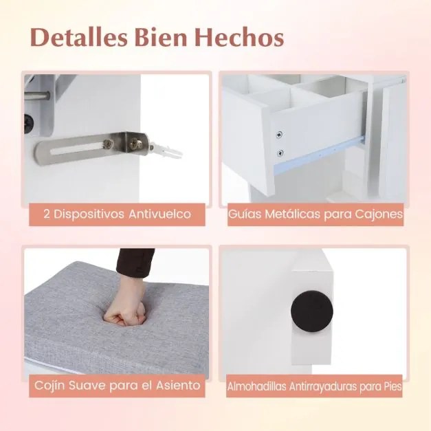 Toucador com espelho e luzes Penteadeira compacta para maquilhagem com tampa de vidro visível Tomadas Painéis dobráveis 3 modos Branco