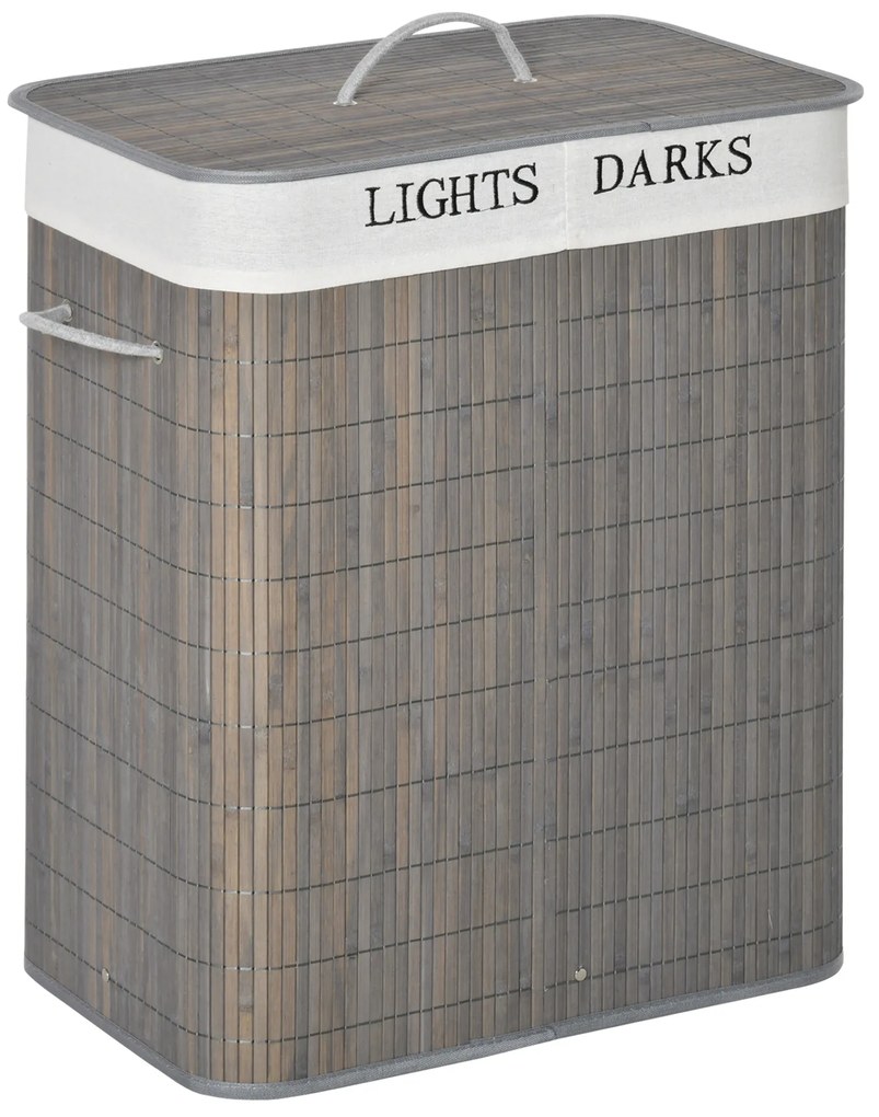 HOMCOM Cesto Roupa Suja Bambú 100L Tampa Removível 2 Compartimentos Design Moderno 52x32x63 cm Cinza | Aosom Portugal