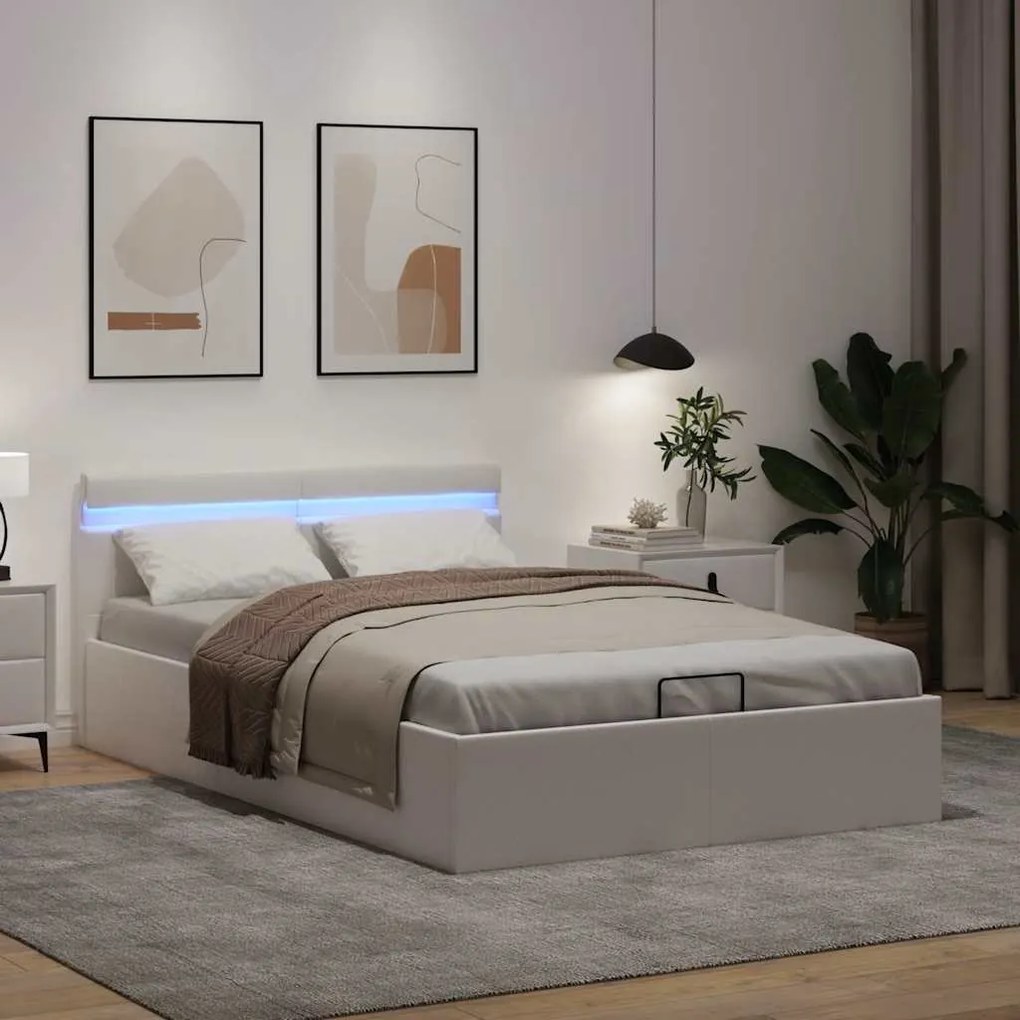 Cama hidráulica LED c/ arrumação 140x200cm couro artifi. branco