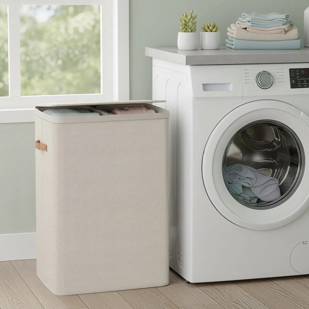 Cesto da roupa suja, 170 L com 2 compartimentos 56 x 40 x 75 cm bege cappuccino