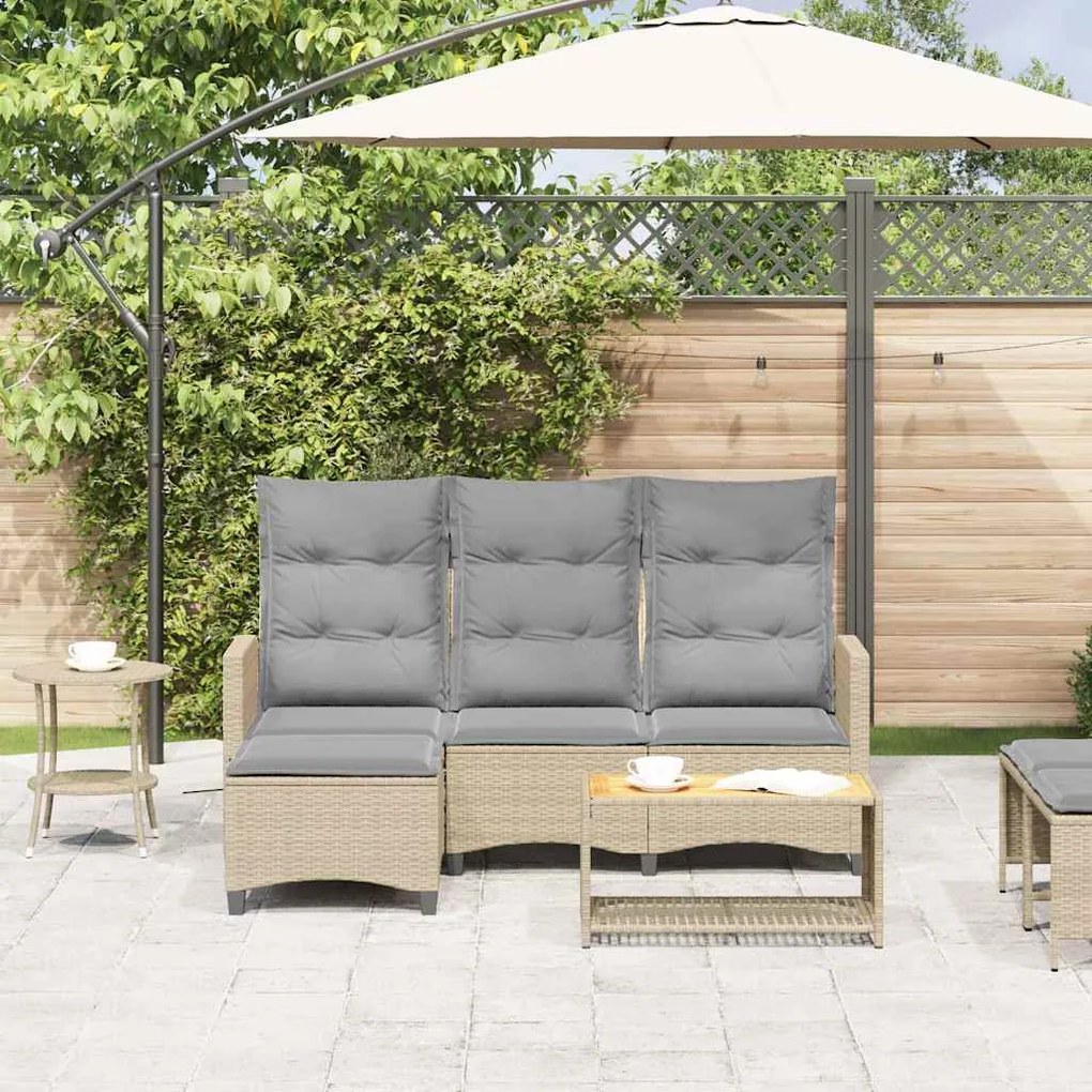 Sofá de jardim reclinável em forma de L com almofadões vime PE