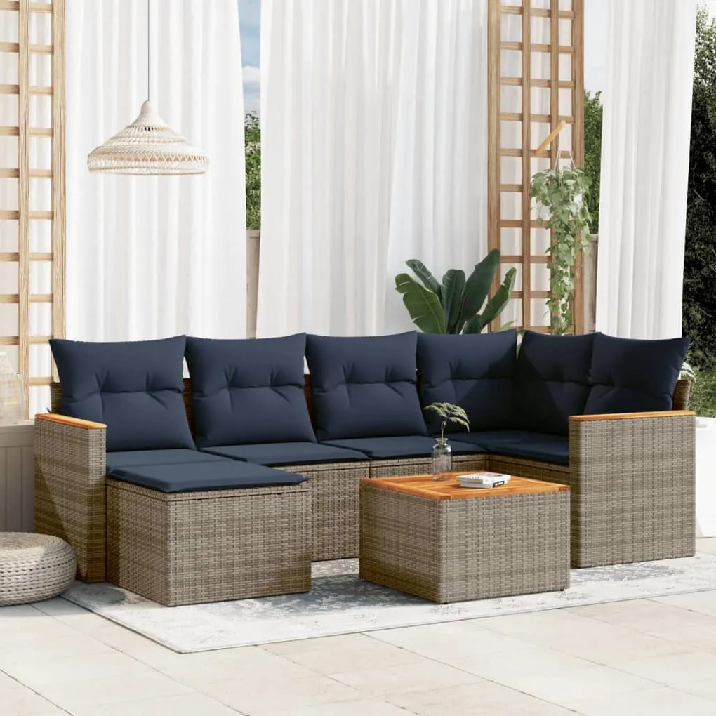vidaXL 7 pcs conjunto sofás p/ jardim c/ almofadões vime PE cinzento