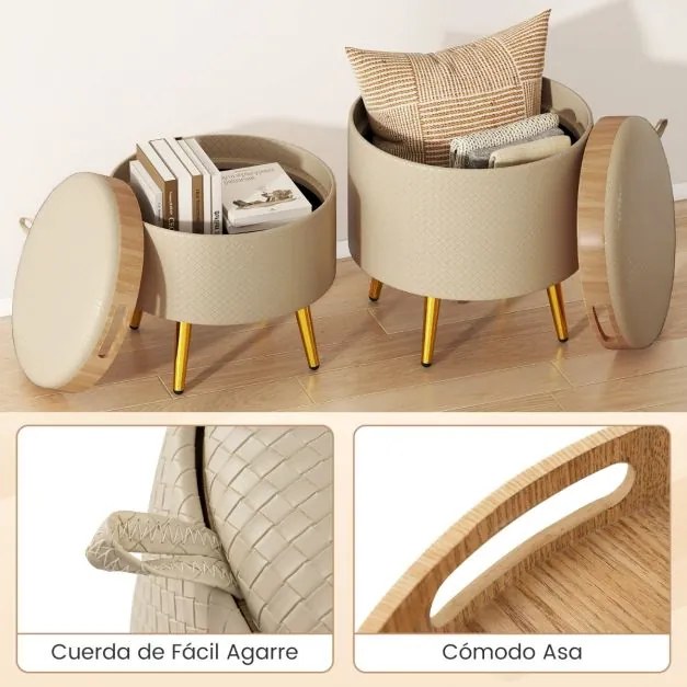 Conjunto de 2 pufes com arrumação, apoio para os pés redondo, estofados em couro sintético com tampos rebatíveis bege