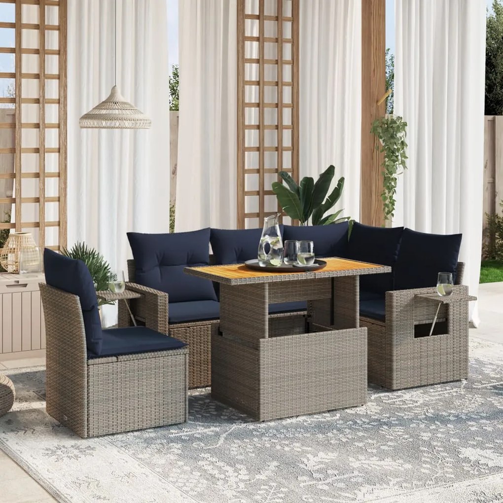 vidaXL 6 pcs conjunto sofás p/ jardim c/ almofadões vime PE cinzento