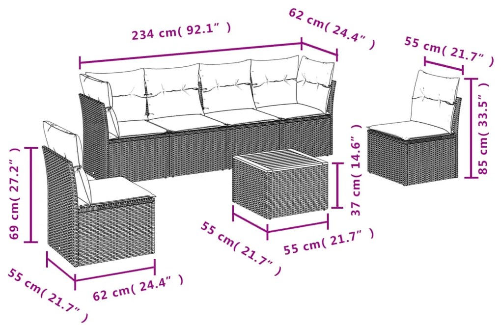 7 pcs conjunto sofás p/ jardim c/ almofadões vime PE cinzento