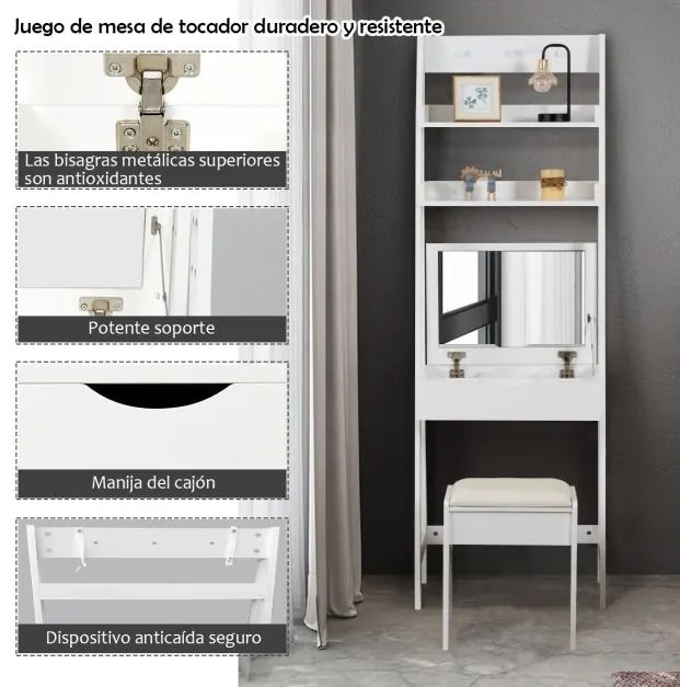 Toucador com espelho e Banco almofadado Mesa de maquilhagem para quarto 61,5 x 40 x 180 cm Branco