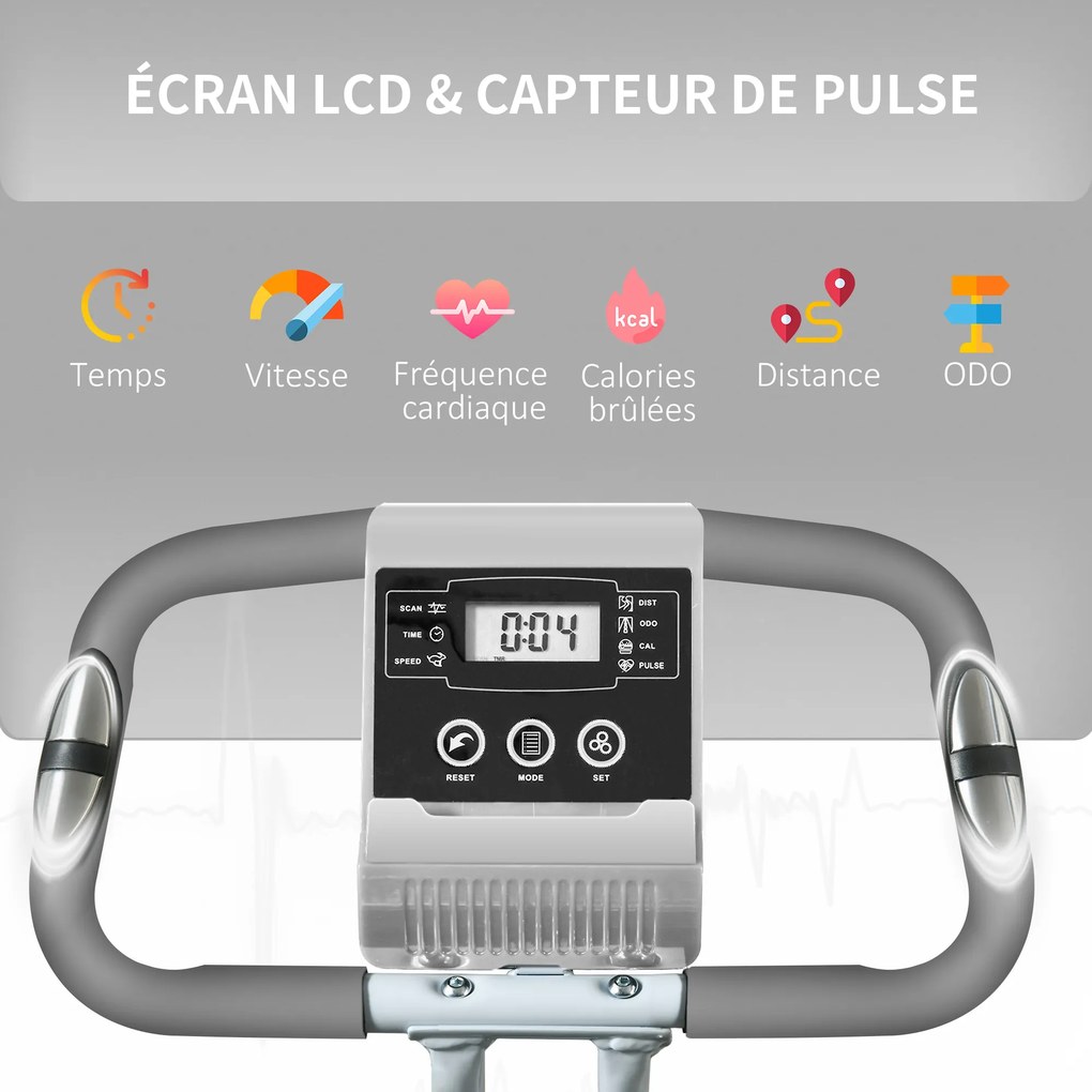 Bicicleta estática dobrável, 8 níveis de resistência magnética, encosto e selim ajustáveis, punhos ergonómicos, preto e cinzento