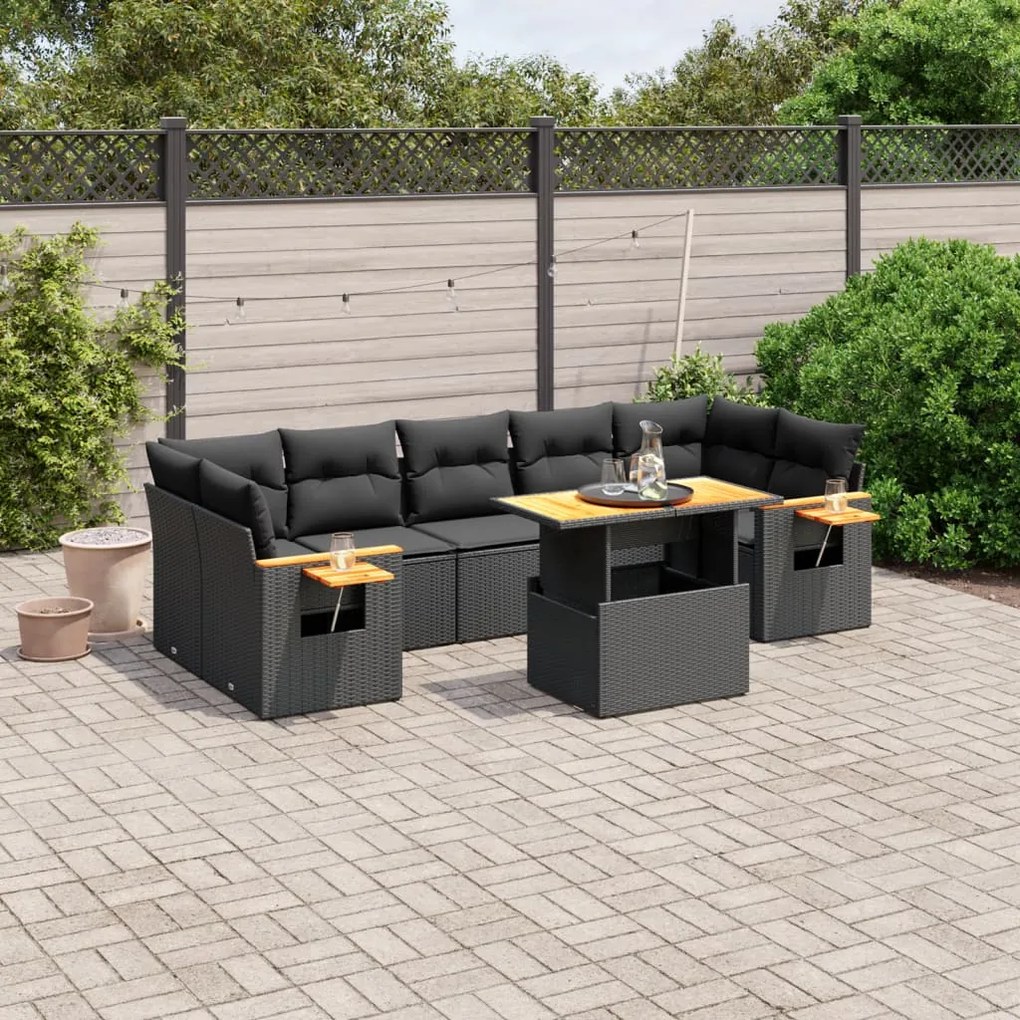 vidaXL 8 pcs conjunto sofás de jardim com almofadões vime PE preto