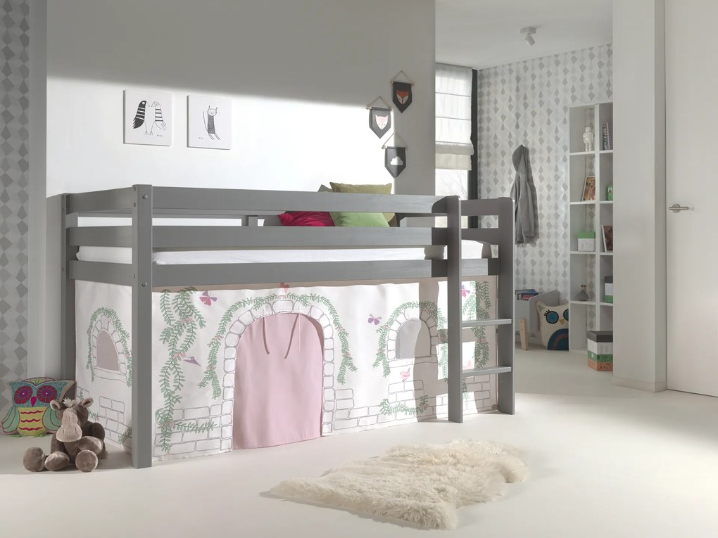 Conjunto Cama alta de Criança PINO 90 x 200 cm + estrado + escada + cortina Pássaro Cinzenta