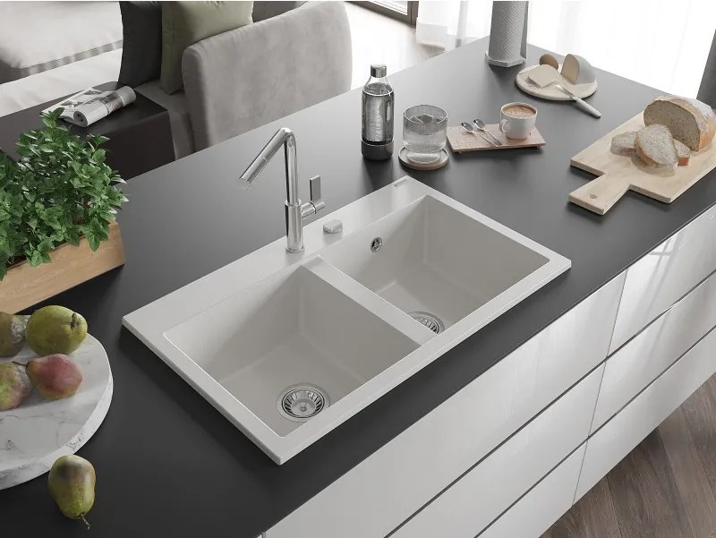 Mexen Hektor lava-loiça em granito de 2 cubas 800 x 480 mm, branco, sifão cromado - 6521802000-20