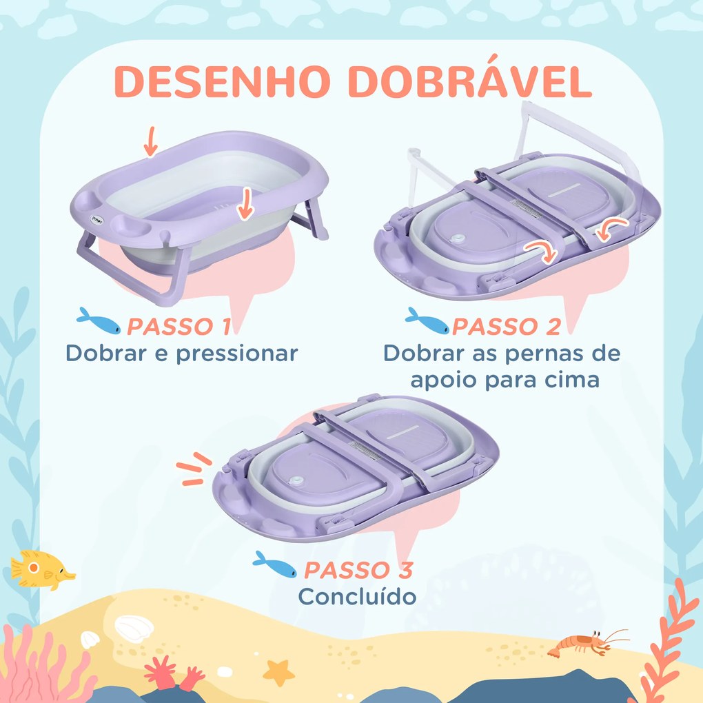 Banheira para Bebé Recém Nascido Dobrável 40L com Almofada Pés Antiderrapantes e Orifício de Drenagem 83x48x23,5 cm Roxo