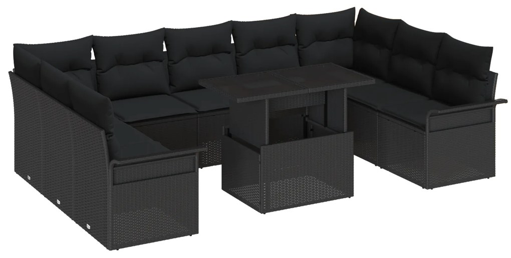 Conjunto de Sofás de Jardim com 10 Peças e Almofadas Preto Polirattan