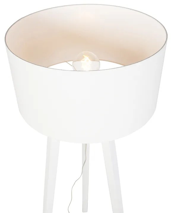 Candeeiro de pé tripé branco em madeira com abajur branco 50 cm - Puros Moderno