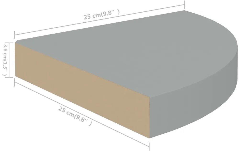 Prateleira de canto suspensa 25x25x3,8 cm MDF cinzento