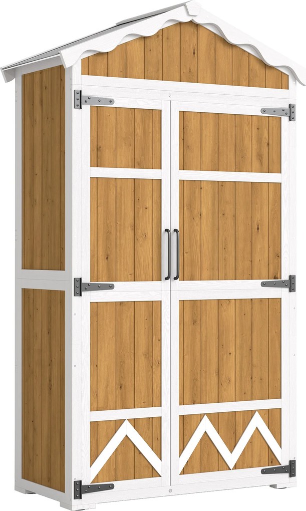 Outsunny Armário de Jardim de Madeira 105x55x179 cm Abrigo de Exterior com Portas 4 Prateleiras Extraíveis Teto Metal Madeira | Aosom Portugal