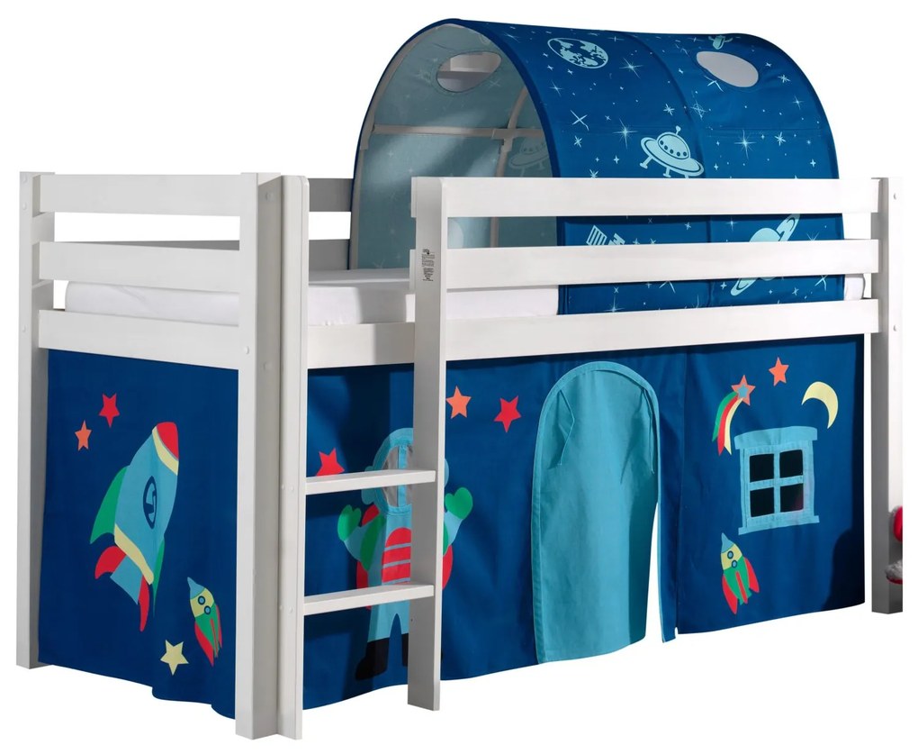Conjunto Cama alta de Criança PINO 90 x 200 cm + estrado + escada + cortina + túnel Astronauta Branca
