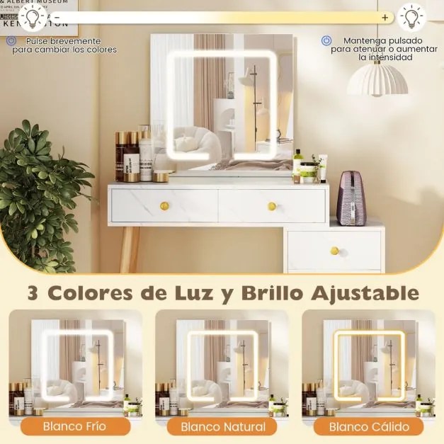 Toucador com espelho e luzes 3 luzes ajustáveis 5 gavetas e banco acolchoada Acabamento em mármore artificial branco