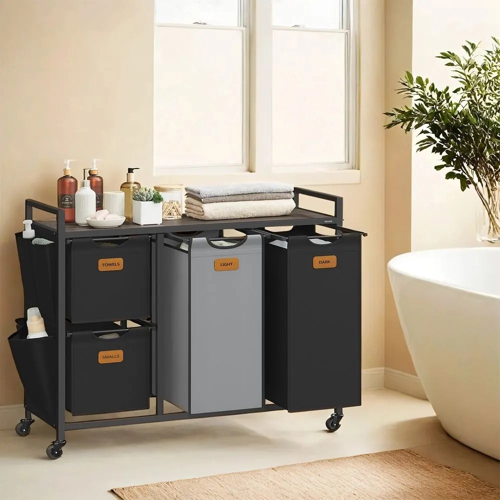 Cesto para roupa suja com 4 compartimentos dois cestos de 25 L e dois de 50 L castanho-Preto-Cinzento