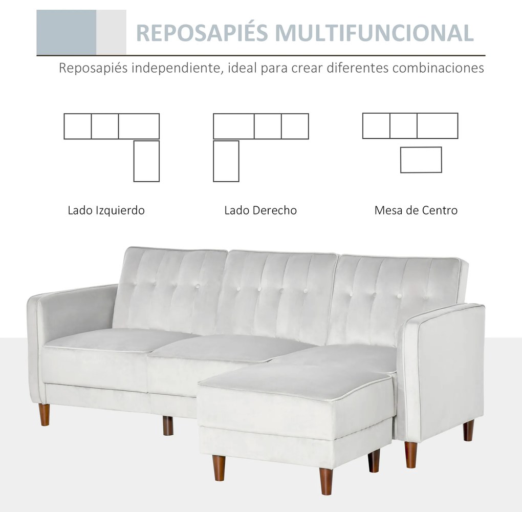 HOMCOM Sofá Cama com Chaise Longue de 3 Lugares Tato Aveludado com Encosto Ajustável e Apoio para os Pés Móvel 218x85x86cm Cinza Claro