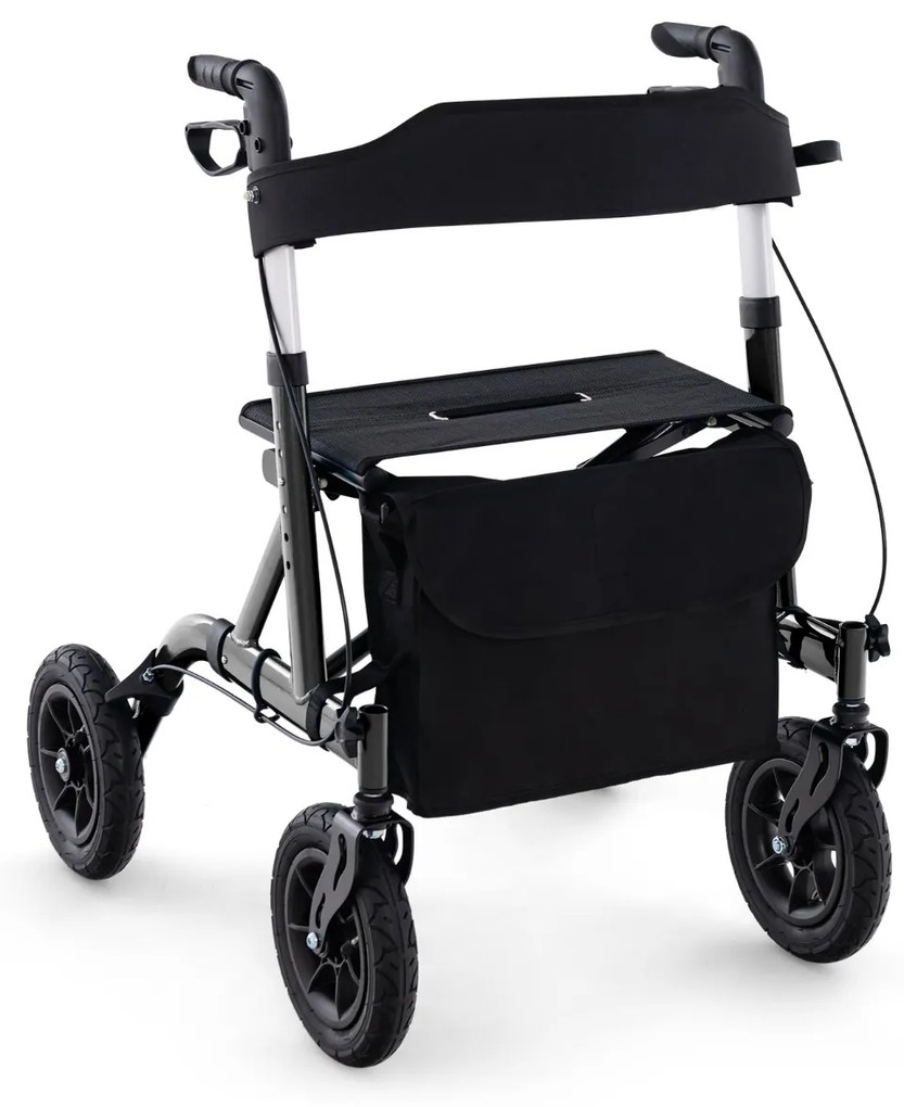 Andarilho dobrável para adultos idosos com assento 24 cm Rodas pneumáticas todo-o-terreno Saco de arrumação Carga 160 kg Preto