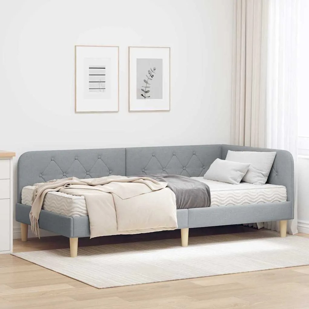 vidaXL Estrutura de Cama de Canto Cinzento-claro 90 x 190 cm tecido