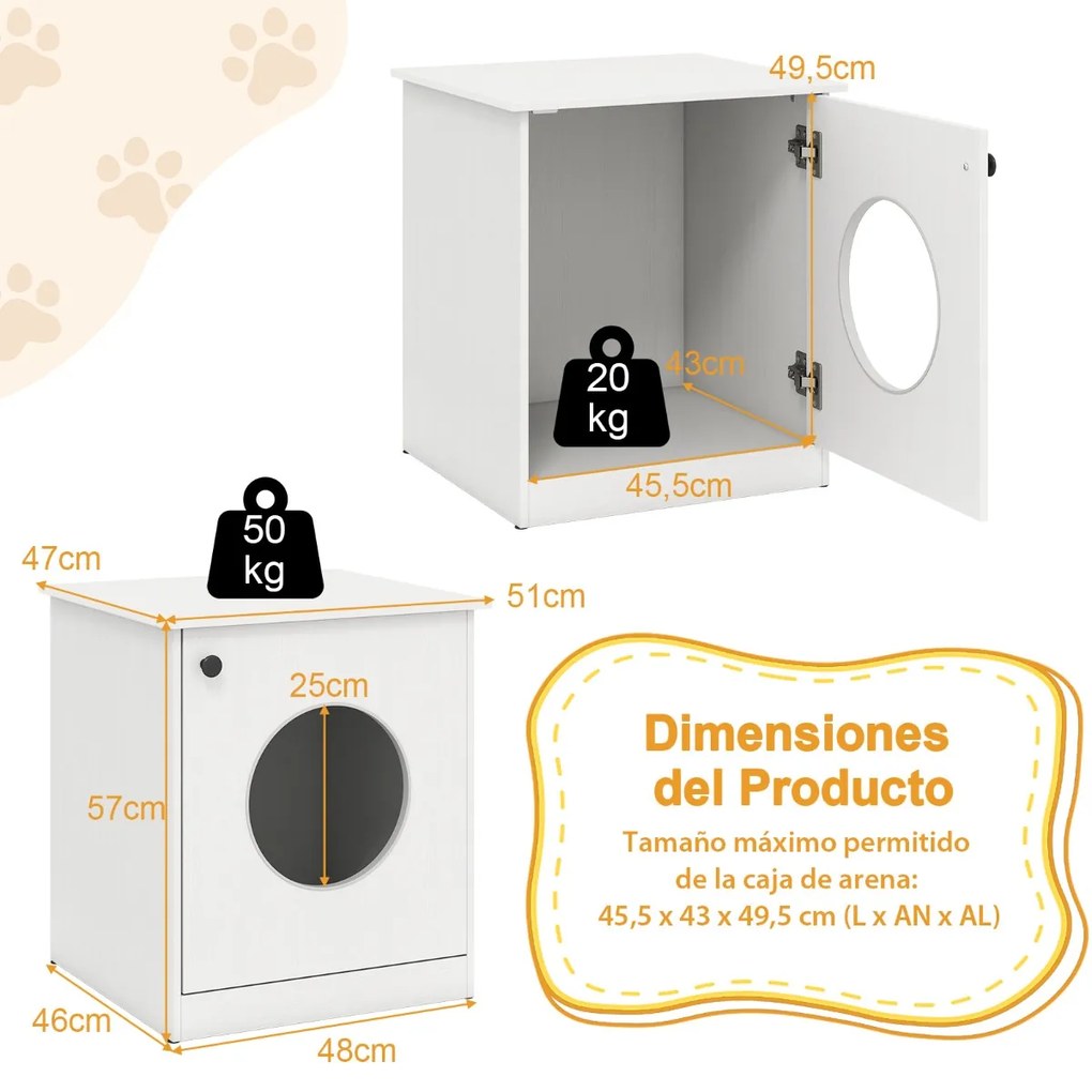 Armário para caixa de areia (não incluida) para gatos com lavatório oculto e mesinha de cabeceira lateral 51 x 47 x 57 cm Branco