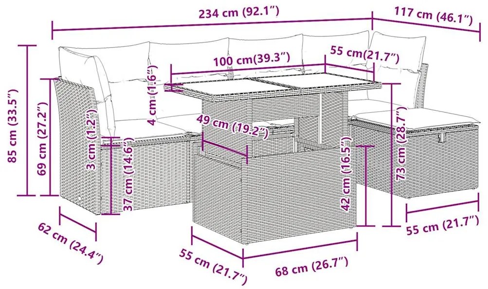 6 pcs conjunto sofás de jardim c/ almofadões vime PE preto